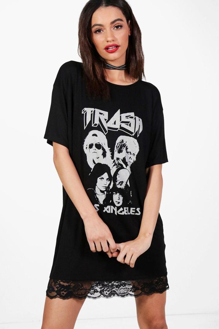 Boohoo Nara Lace Hem Printed T-shirt Dress Black