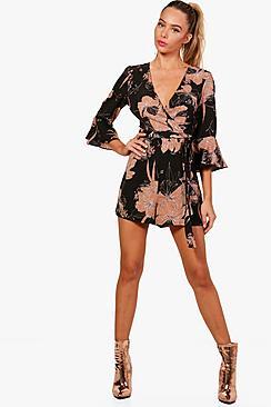 Boohoo Jemma Floral Wrap & Ruffle Sleeve Playsuit
