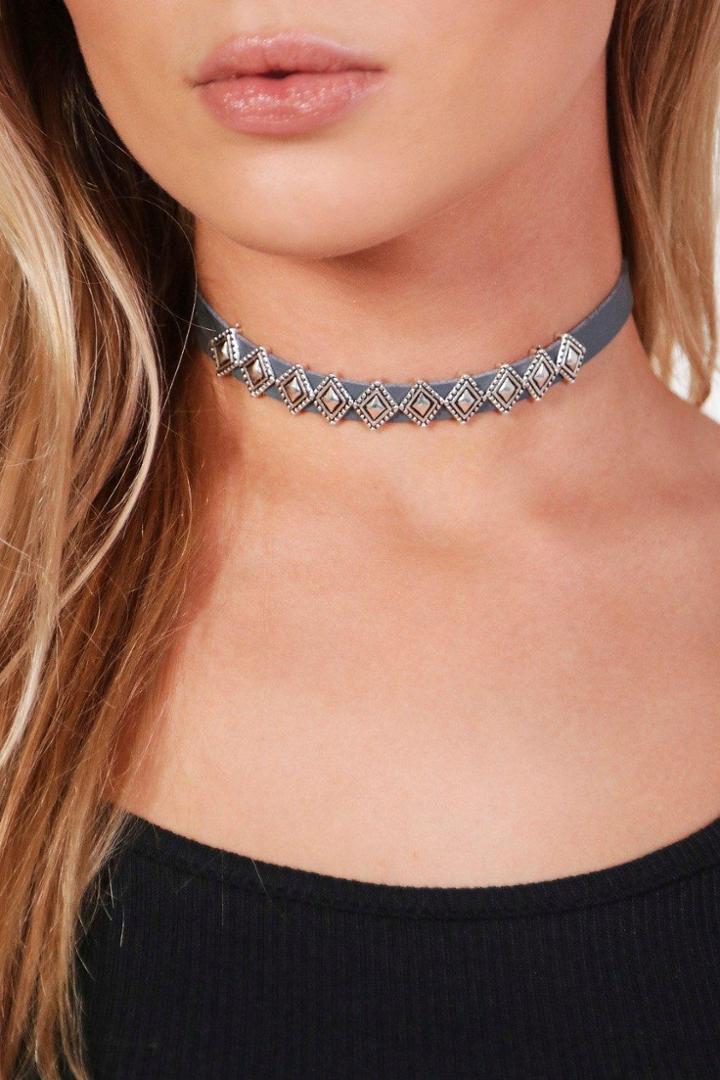 Boohoo Isabelle Metal Diamond Detail Choker Grey