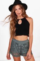 Boohoo Olivia All Over Crochet Festival Shorts Khaki