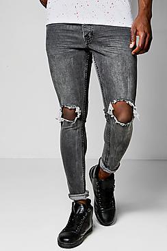 Boohoo Skinny Fit Charcoal Jeans With Ripped Knees