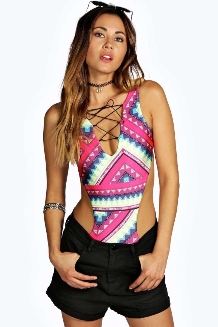 Boohoo Ruby Tie Cut Out Side Geo Print Disco Body Multi