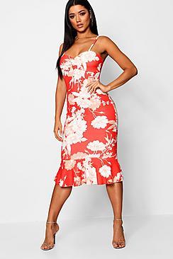 Boohoo Floral Print Ruched Front Fluted Midi Dress