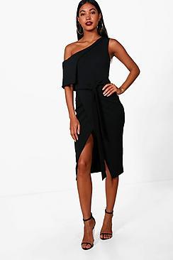 Boohoo Beth One Shoulder Tie Belt Waist Midi Dress