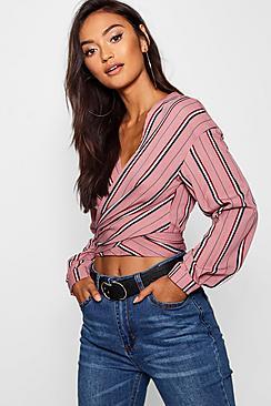 Boohoo Petite Striped Wrap Blouse