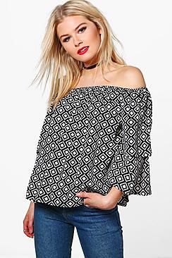 Boohoo Melissa Mono Printed Ruffle Off The Shoulder Top