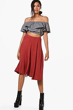 Boohoo Eva Button Front Jersey Midi Skirt