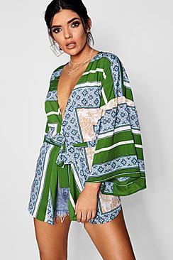 Boohoo Isla Border Print Kimono Sleeve Wrap Top