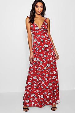 Boohoo Tall Eve Floral Ruffle Tie Back Maxi Dress