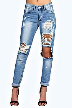 Boohoo Sara Relaxed Fit Open Knee Boyfriend Jeans