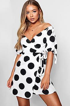 Boohoo Lola Large Spot Off The Shoulder Wrap Dress