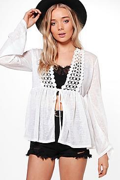 Boohoo Charlotte Crochet Trim Flare Sleeve Kimono