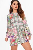 Boohoo Petite Georgie Border Print Bell Sleeve Shift Dress