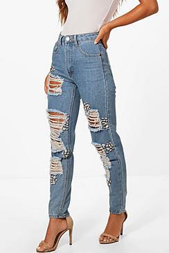 Boohoo Petite Ella All Over Jewel Ripped Mom Jean