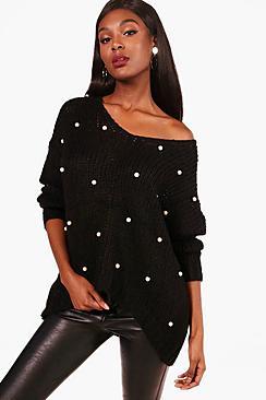 Boohoo Alicia Oversized Pearl Detail V Neck Jumper