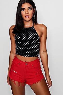 Boohoo Polka Dot Halter Tie Crop Top