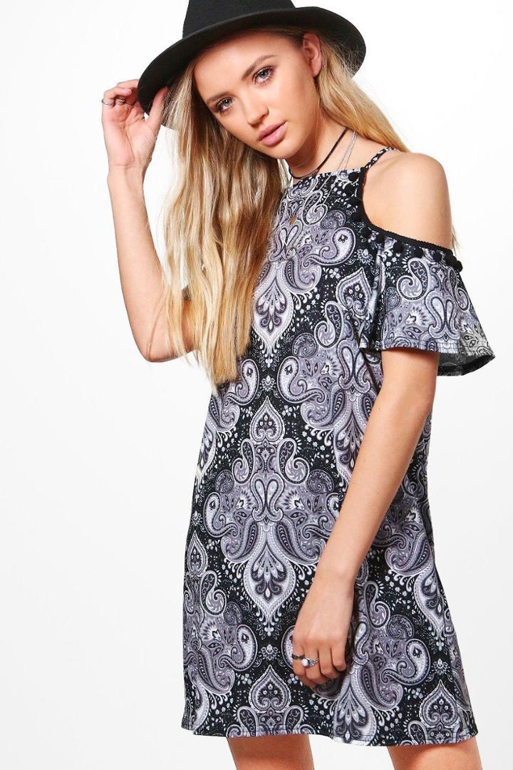 Boohoo Niamh Cold Shoulder Pom Pom Paisley Shift Dress Black