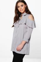 Boohoo Plus Danielle Open Shoulder Ruffle Shirt Grey