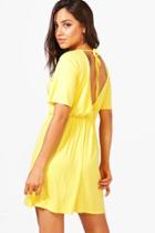 Boohoo Natasha Wrap Printed Tie Back Skater Dress Yellow