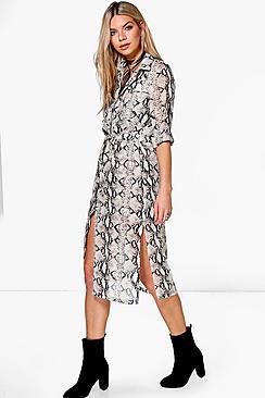Boohoo Lisanda Snake Print Shirt Dress