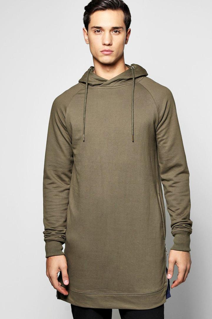Boohoo Longline Raglan Hoodie With Side Zips Khaki