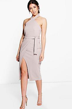 Boohoo Belle High Neck Tie Waist Wrap Midi Dress