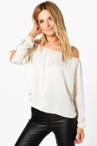 Boohoo Jenna Silky Split Sleeve Bardot Top Beige
