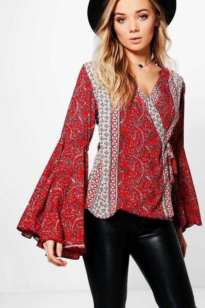 Boohoo Isobel Mixed Print Wide Sleeve Woven Top Multi