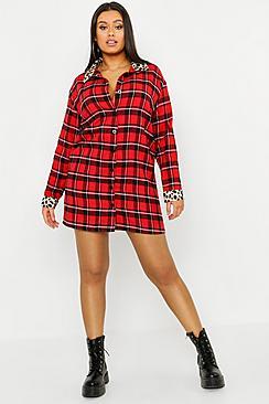 Boohoo Plus Check & Leopard Oversized Shirt Dress