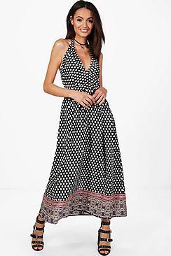 Boohoo Jaclyn Halterneck Printed Maxi Dress