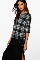 Boohoo Andrea Lace Up Side Check Woven Top Black