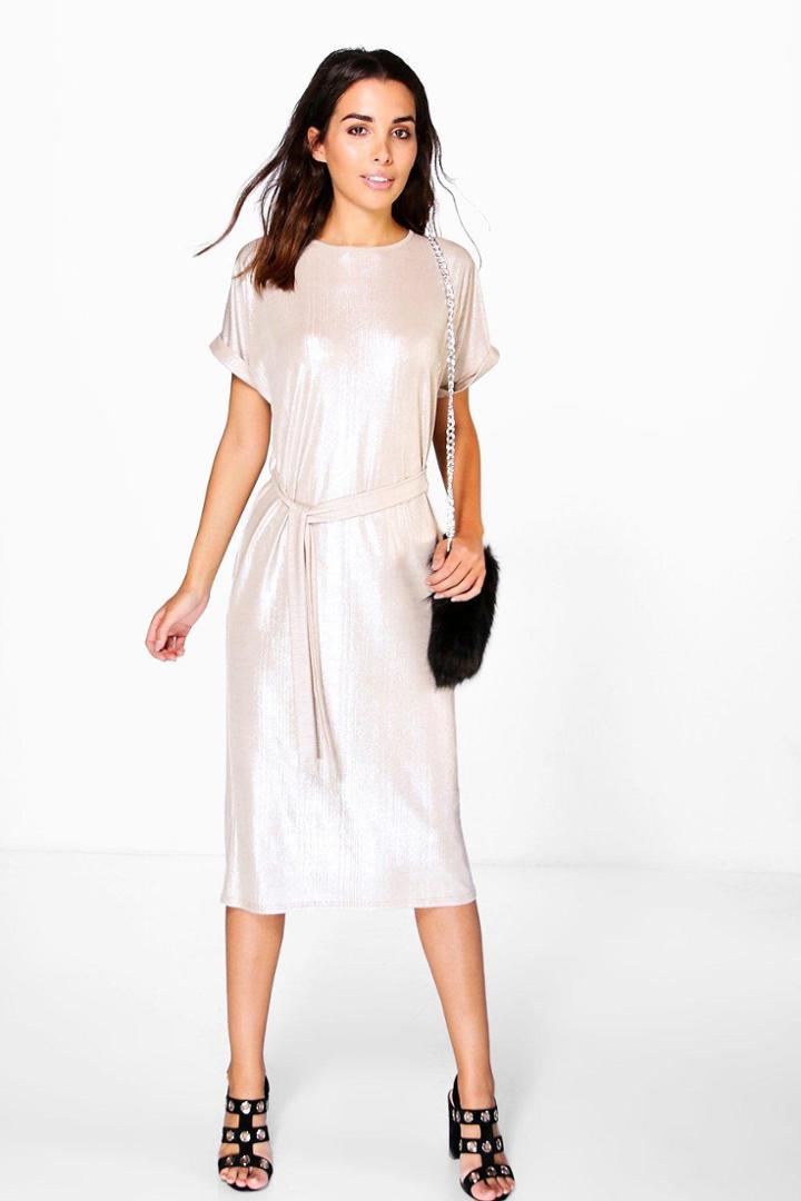 Boohoo Rebecca Metallic Rib Tie Waist Collum Dress Nude