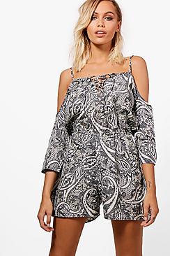 Boohoo Kala Paisley Cold Shoulder Beach Playsuit