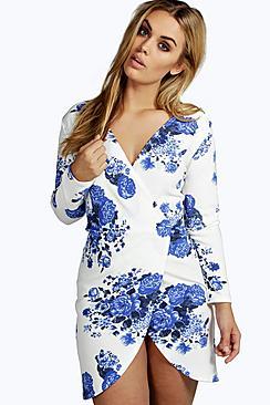 Boohoo Plus Lottie Printed Wrap Front Dress