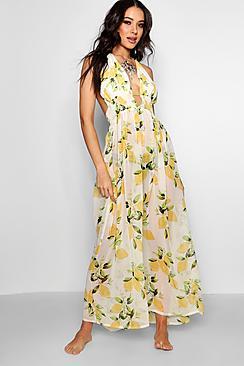 Boohoo Faye Lemon Print Maxi Beach Dress