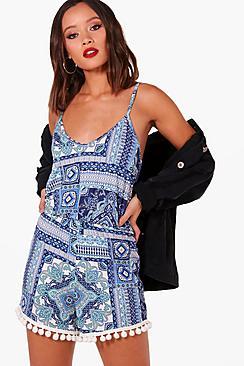 Boohoo Polly Paisley Print Pom Pom Playsuit