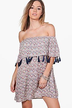 Boohoo Petite Marie Bright Tassle Off The Shoulder Dress