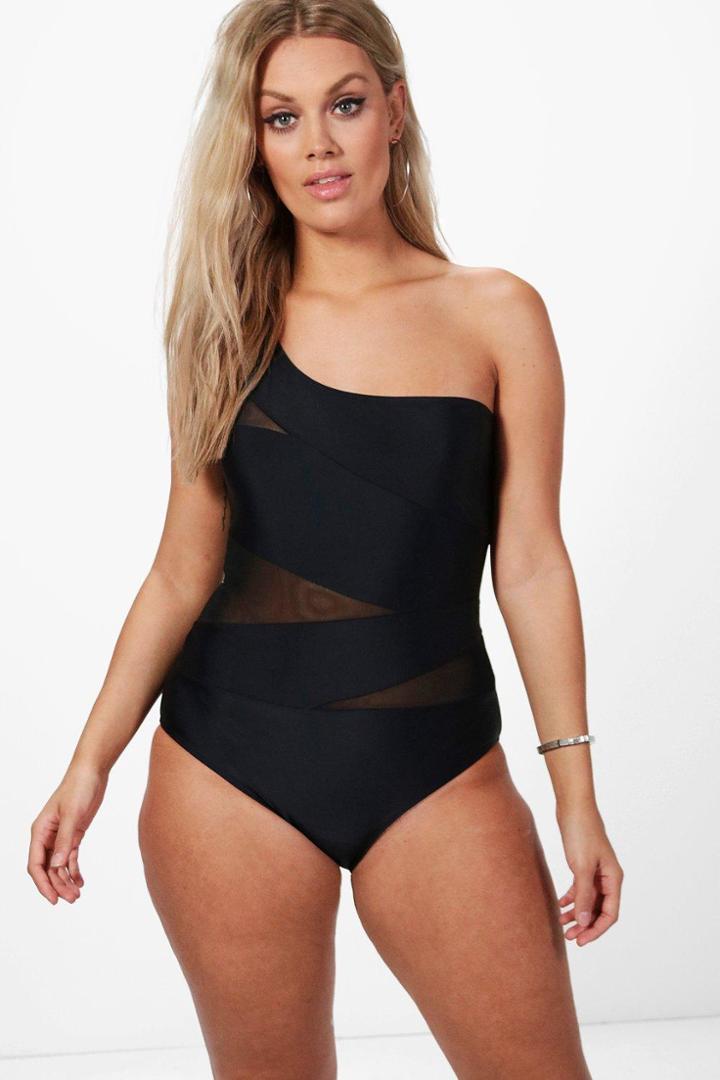 Boohoo Plus Hannah Ruched Mesh 1 Shoulder Bathing Suit Black