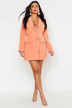 Boohoo Plus Woven Self Round Belted Blazer Dress