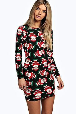Boohoo Noeleen Santa Printed Bodycon Christmas Dress