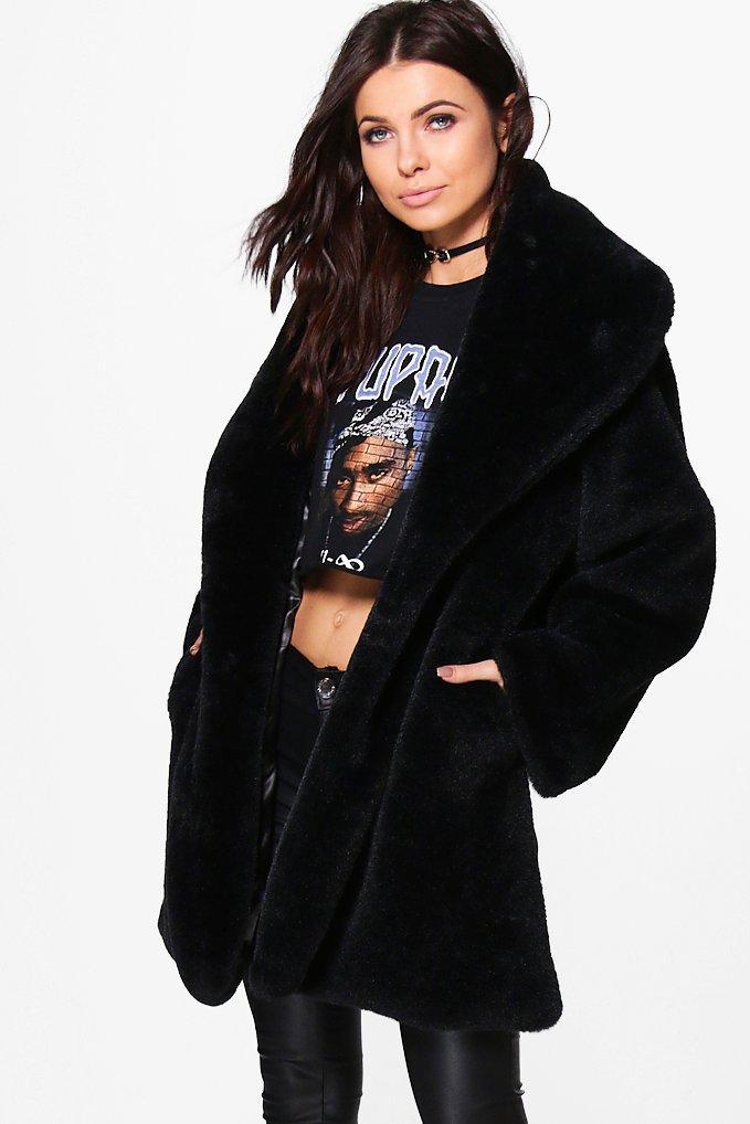 Boohoo Petite Katie Faux Fur Coat Black