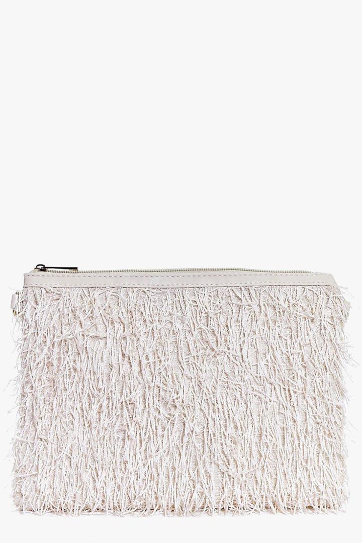 Boohoo Faye Fringed Zip Top Clutch Bag Nude