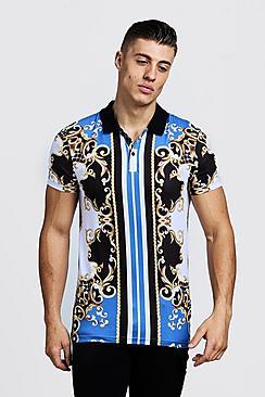 Boohoo Baroque Stripe Print Short Sleeve Polo