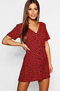 Boohoo Petite Red Leopard Print Button Shirt Dress