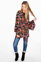 Boohoo Amelia Dark Floral Wrap Front Woven Top Black
