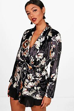 Boohoo Printed Velvet Belted Blazer