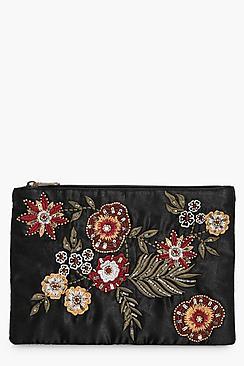 Boohoo Alice Floral & Bead Zip Top Clutch