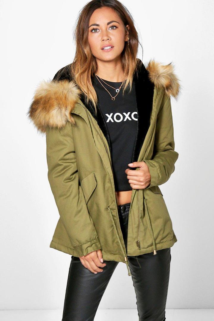 Boohoo Boutique Erin Faux Fur Lined Hooded Parka Khaki