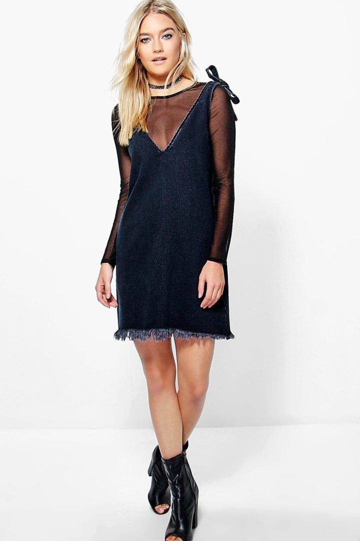 Boohoo Nina Tie Shoulder Denim Shirt Dress Black