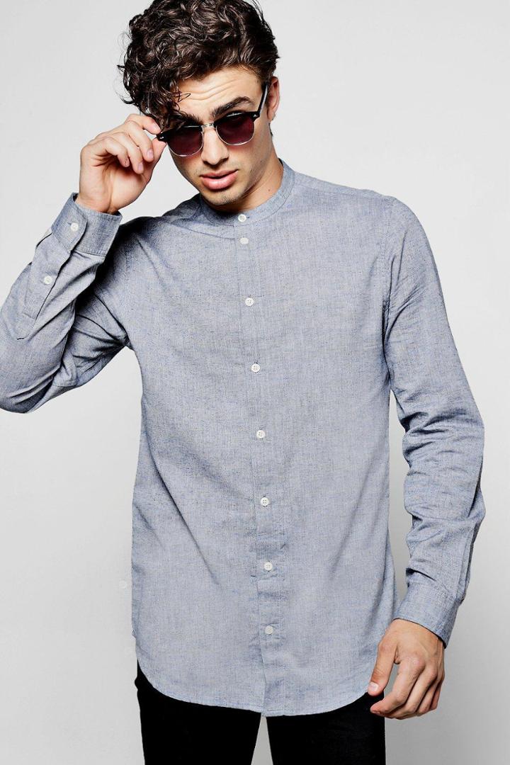 Boohoo Long Sleeve Grandad Collar Nepp Shirt Charcoal